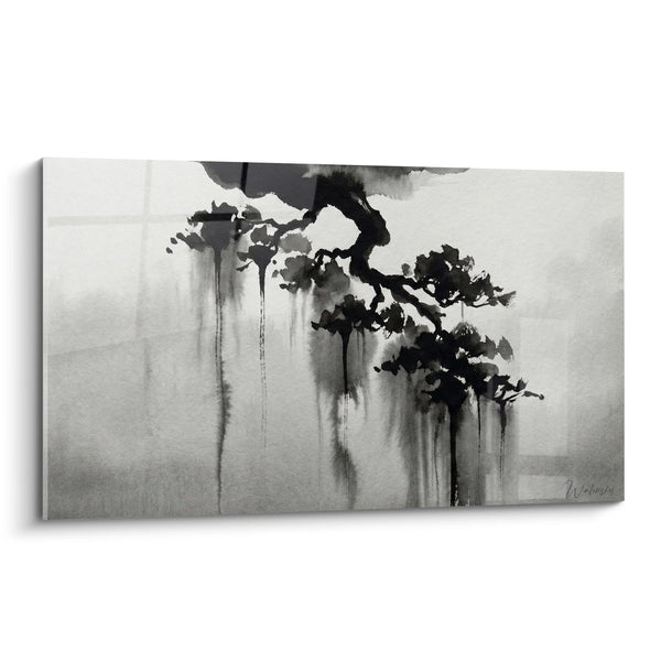 Cuadro de Tinta Negra sobre Fondo Gris con Goteos Expresivos - Melancolía Zen - Edición Bonsái