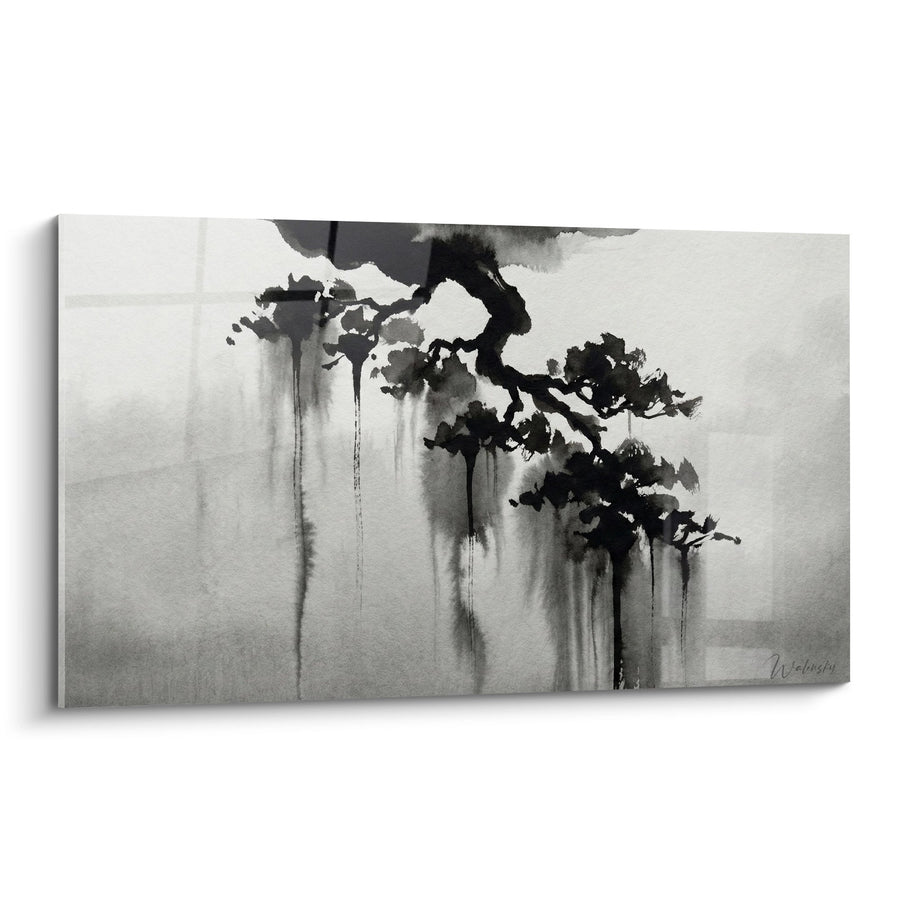 Tableau Encre Noire sur Fond Gris avec Coulures Expressives - Mélancolie Zen - Edition Bonsaï