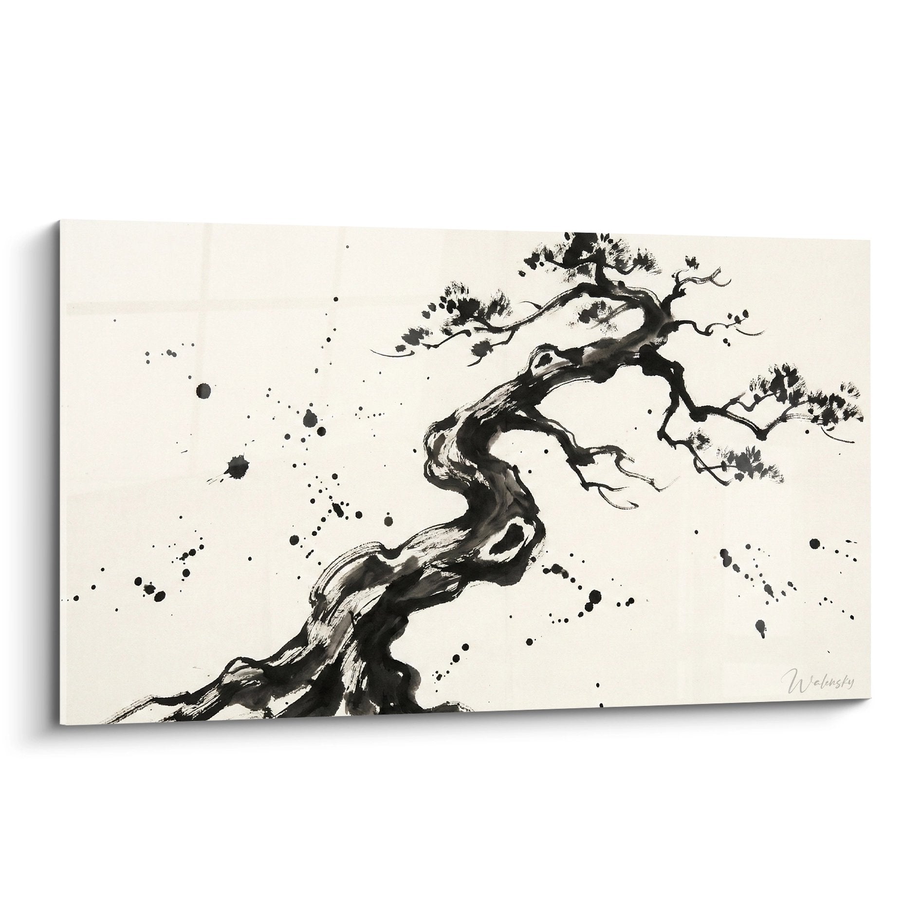 Tableau bonsai encre noire sur fond creme avec branches tordues et projections artistiques zen japonais