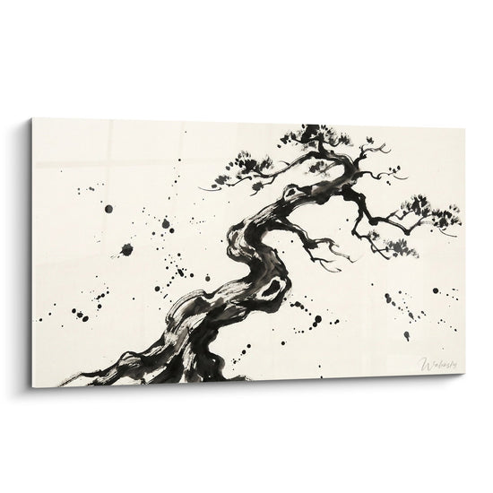 Schilderij van een Gedraaide Boom in Zwart-Wit Inkt - Zen Elegantie - Bonsai Editie