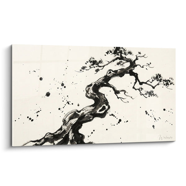 Cuadro Árbol Retorcido Blanco y Negro a la Tinta China - Elegancia Zen - Edición Bonsái