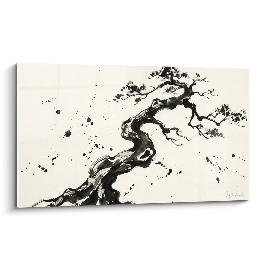 Tableau Arbre Tortueux Noir et Blanc à l'Encre de Chine - Élégance Zen - Edition Bonsaï