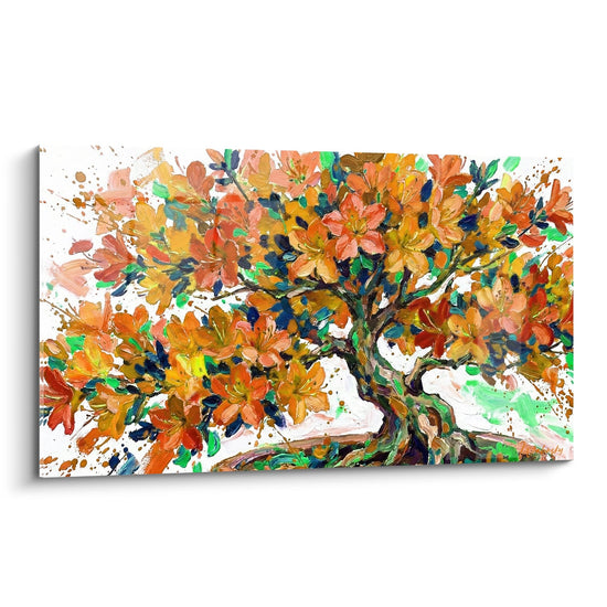 Bonsai schilderij met oranje bloemen en kleurrijke spetters - Bloemexplosie - Bonsai editie