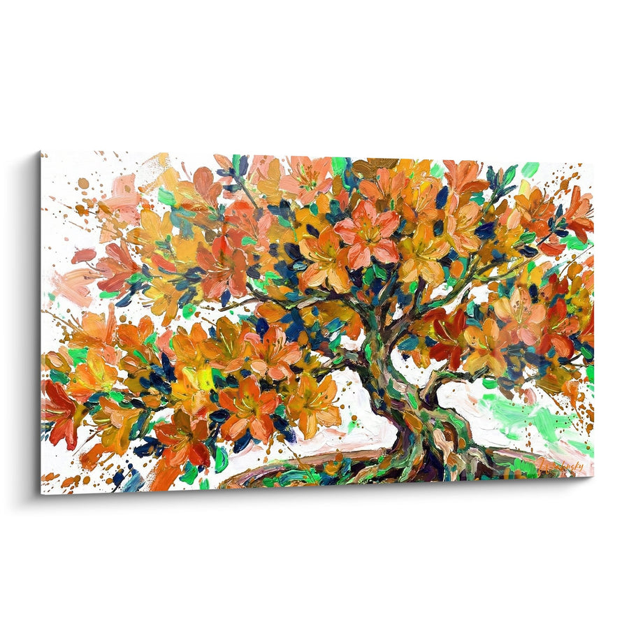 Tableau Bonsaï aux Fleurs Orangées et Éclaboussures Colorées - Explosion Florale - Edition Bonsaï