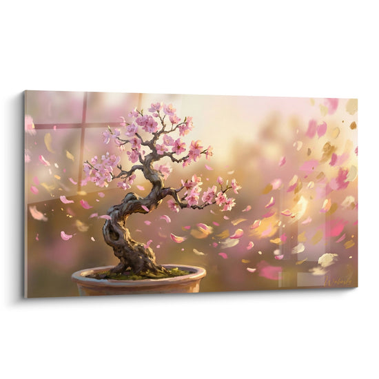 Schilderij Bonsai met roze bloemen die dansen in het gouden licht - Roze bloemblaadjes in beweging - Bonsaï Editie