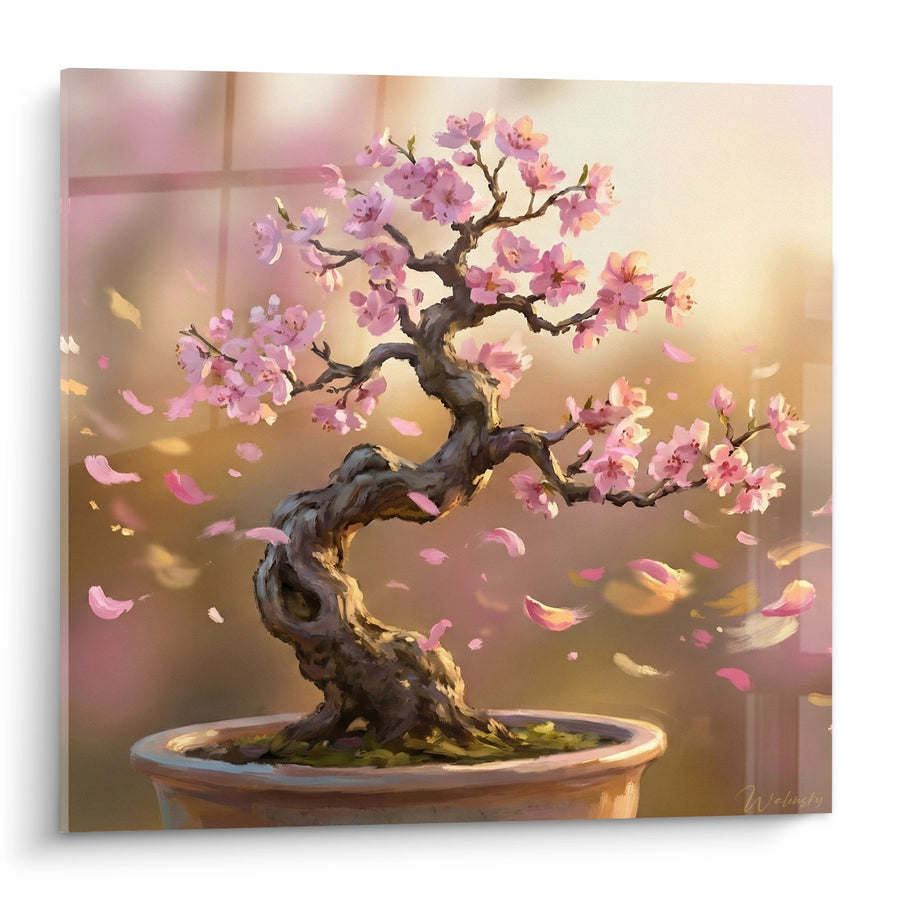 Tableau Bonsaï en fleurs roses avec pétales virevoltants dans lumière dorée - Sérénité Florale - Edition Bonsaï