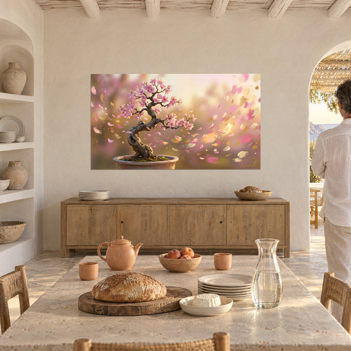 Quadro rami contorti carichi di fiori rosa su sfondo dorato sfocato, sala da pranzo a volte con pane e caraffa
