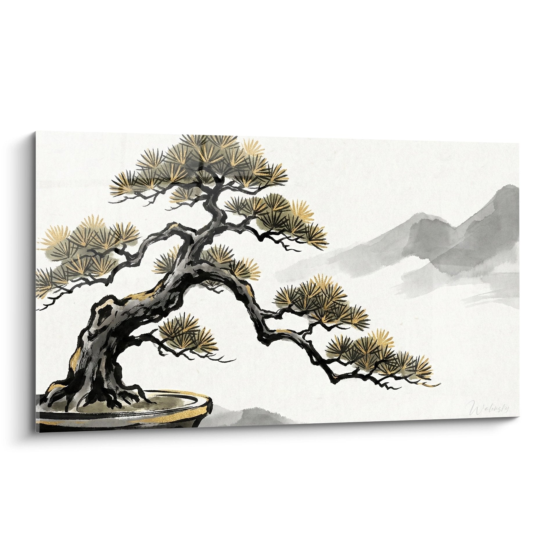 Golden and Gray Japanese Bonsai Wall Art - Zen