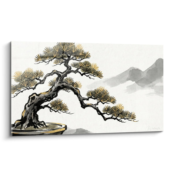 Cuadro de Bonsái Tradicional en Tonos Dorados y Grises sobre Fondo de Montañas - Serenidad Japonesa - Edición Bonsái
