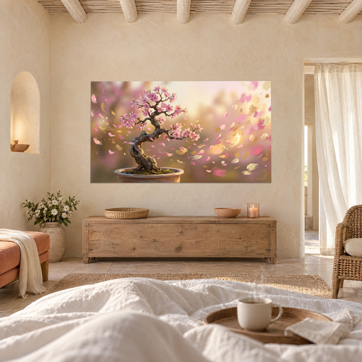 Quadro ciliegio in miniatura con petali rosa e dorati portati dal vento, sopra un letto in una camera luminosa