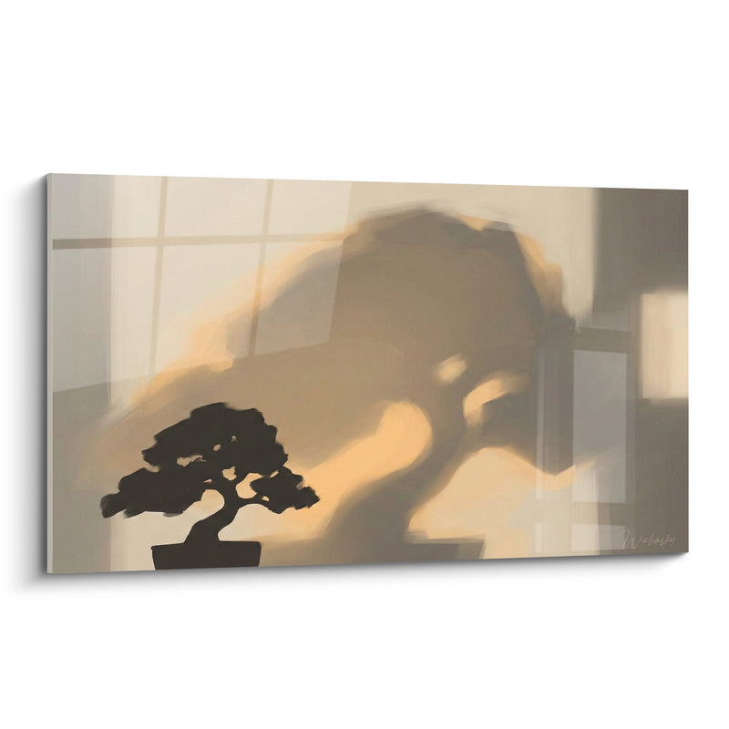Miniature Tree Silhouette on Beige and Geometric Background - Zen Shadows - Bonsai Edition