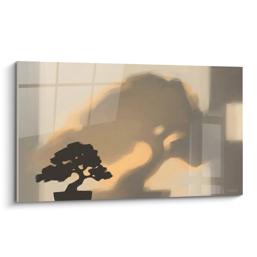 Tableau Silhouette d'Arbre Miniature sur Fond Beige et Géométrique - Ombres Zen - Edition Bonsaï