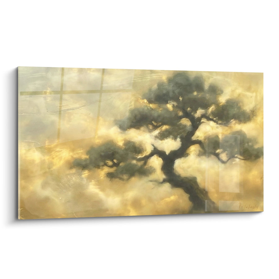 Tableau Bonsaï aux Nuances Dorées et Vaporeuses - Harmonie Contemplative - Edition Bonsaï