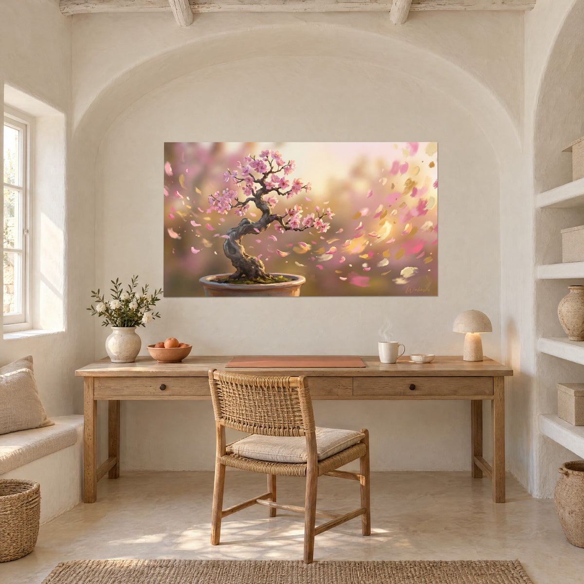 Quadro vaso di terracotta e arbusto fiorito rosa, petali ambrati in volo, sopra una scrivania in legno chiaro