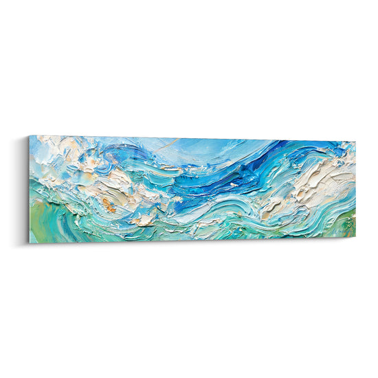 Tableau Vague bleu turquoise en relief empâté - Écume en mouvement - Edition Bord de mer abstrait