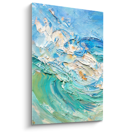 Tableau Vague turquoise et blanche aux éclats dorés - Empâtement doré lumineux - Edition Bord de mer abstrait