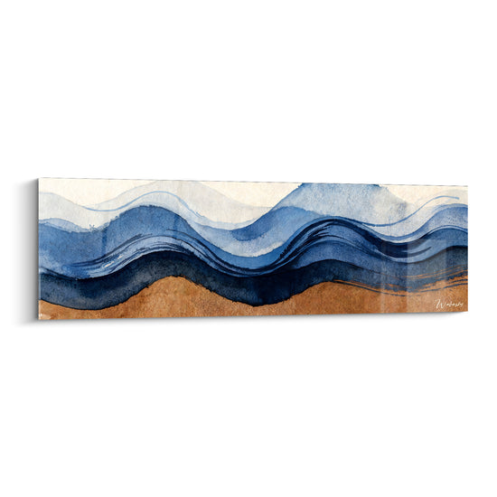 Tableau Vague bleu indigo et ocre en dunes ondulantes - Rivage sablonneux ondoyant - Edition Bord de mer abstrait