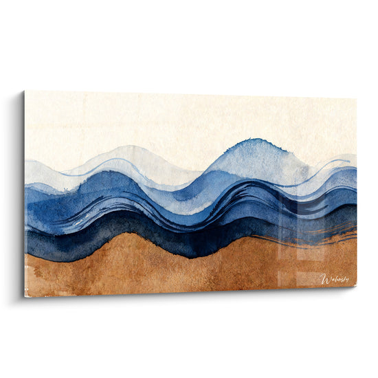 Tableau Vagues bleu marine et ocre sablé - Marée silencieuse - Edition Bord de mer abstrait
