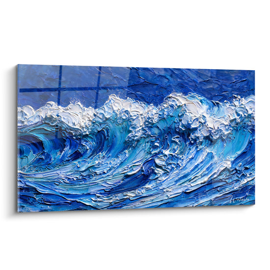 Tableau Vague bleu cobalt et blanc en volutes - Crête en spirale - Edition Bord de mer abstrait