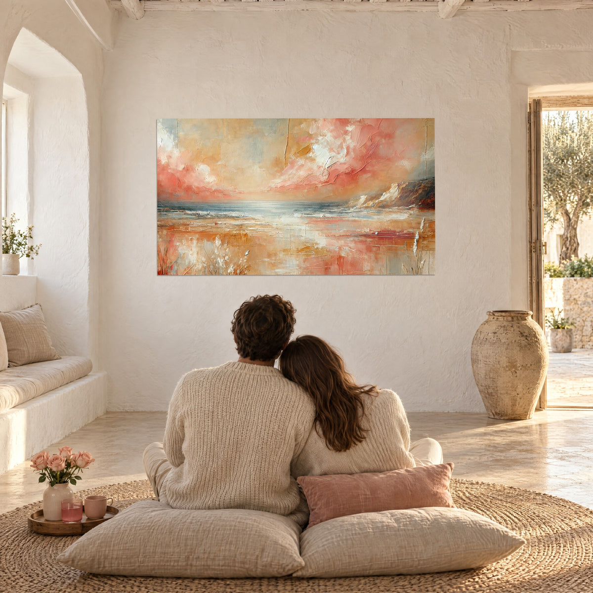 Quadro marina impressionista in rosa pesca, ambra e grigio azzurrato, scogliera all'orizzonte, ammirata da una coppia di spalle su cuscini
