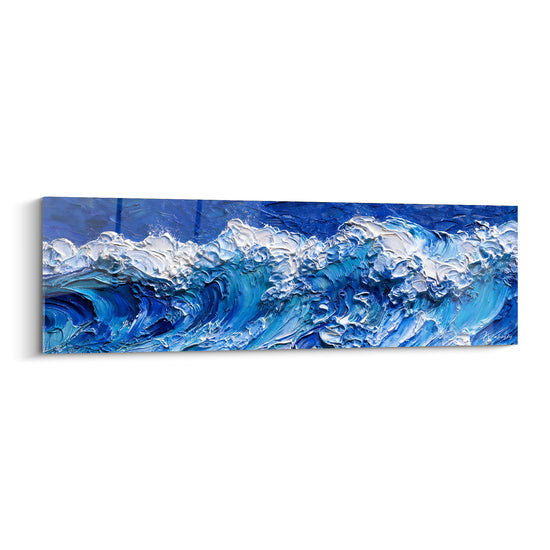 Tableau Vague bleue et blanche en crête panoramique - Déferlante allongée - Edition Bord de mer abstrait