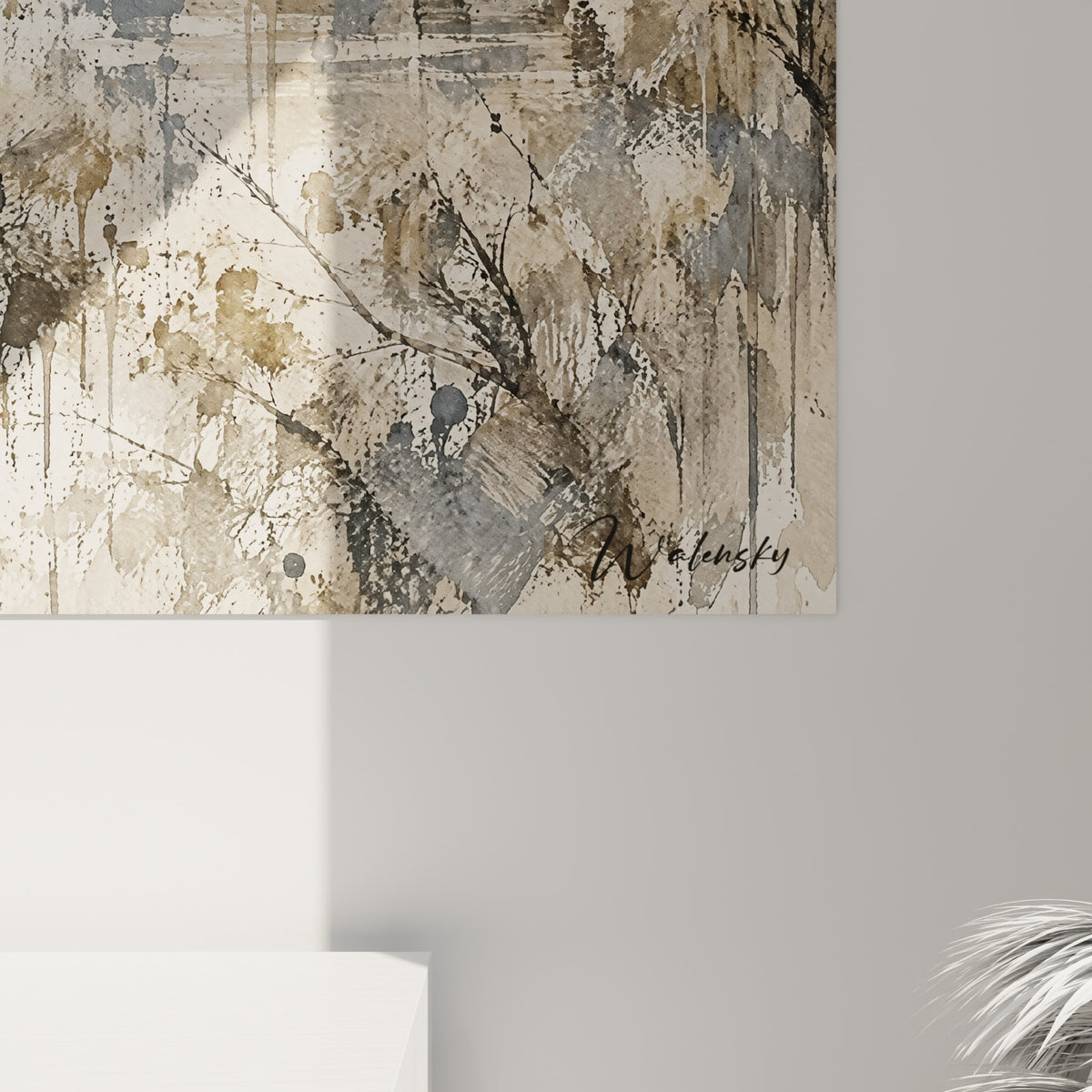 Coulures grises et grain beige de l'aquarelle, détail des arches et reflets sur l'eau