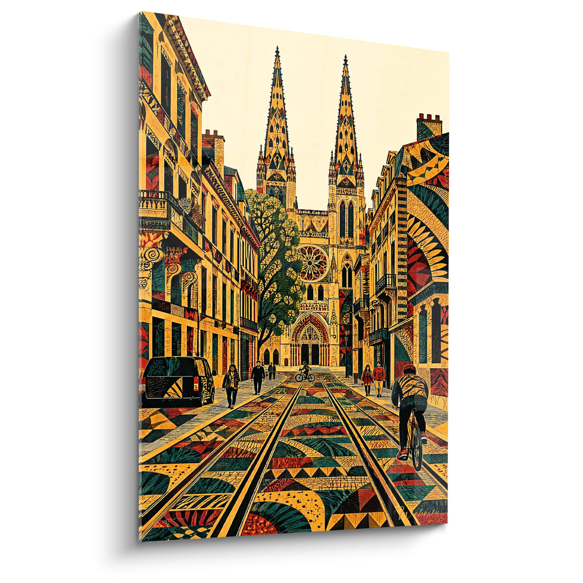 Cathédrale gothique dorée et terracotta sur une rue aux motifs géométriques animée de cyclistes