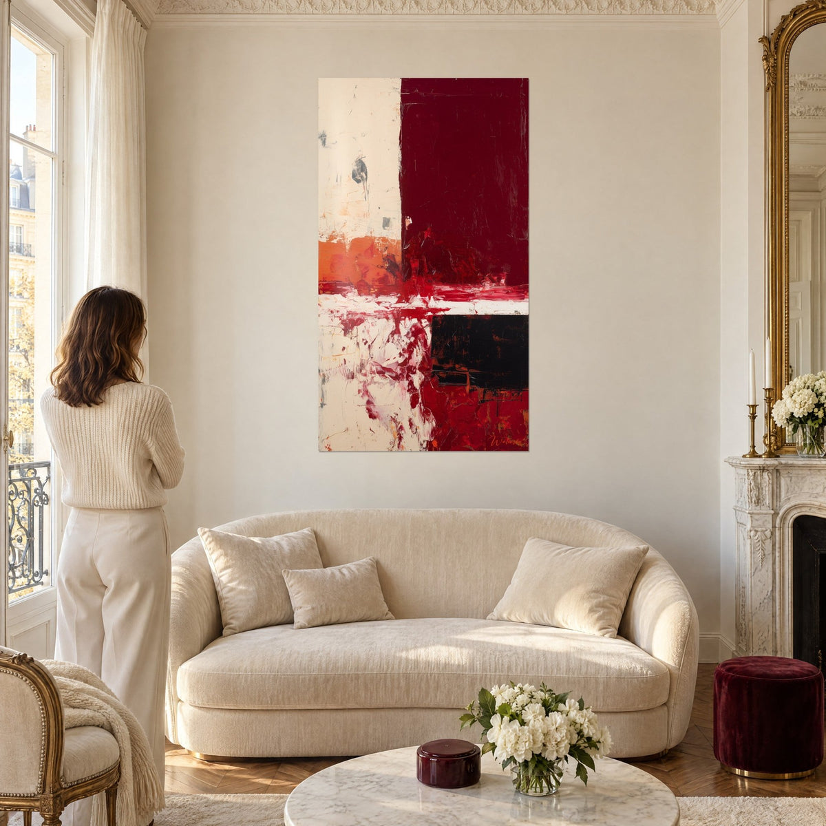 Gemälde mit tiefem Bordeaux und Cremeweiß, orangefarbenes Band und scharlachrote Schlieren, über einem Sofa in einem hellen Wohnzimmer
