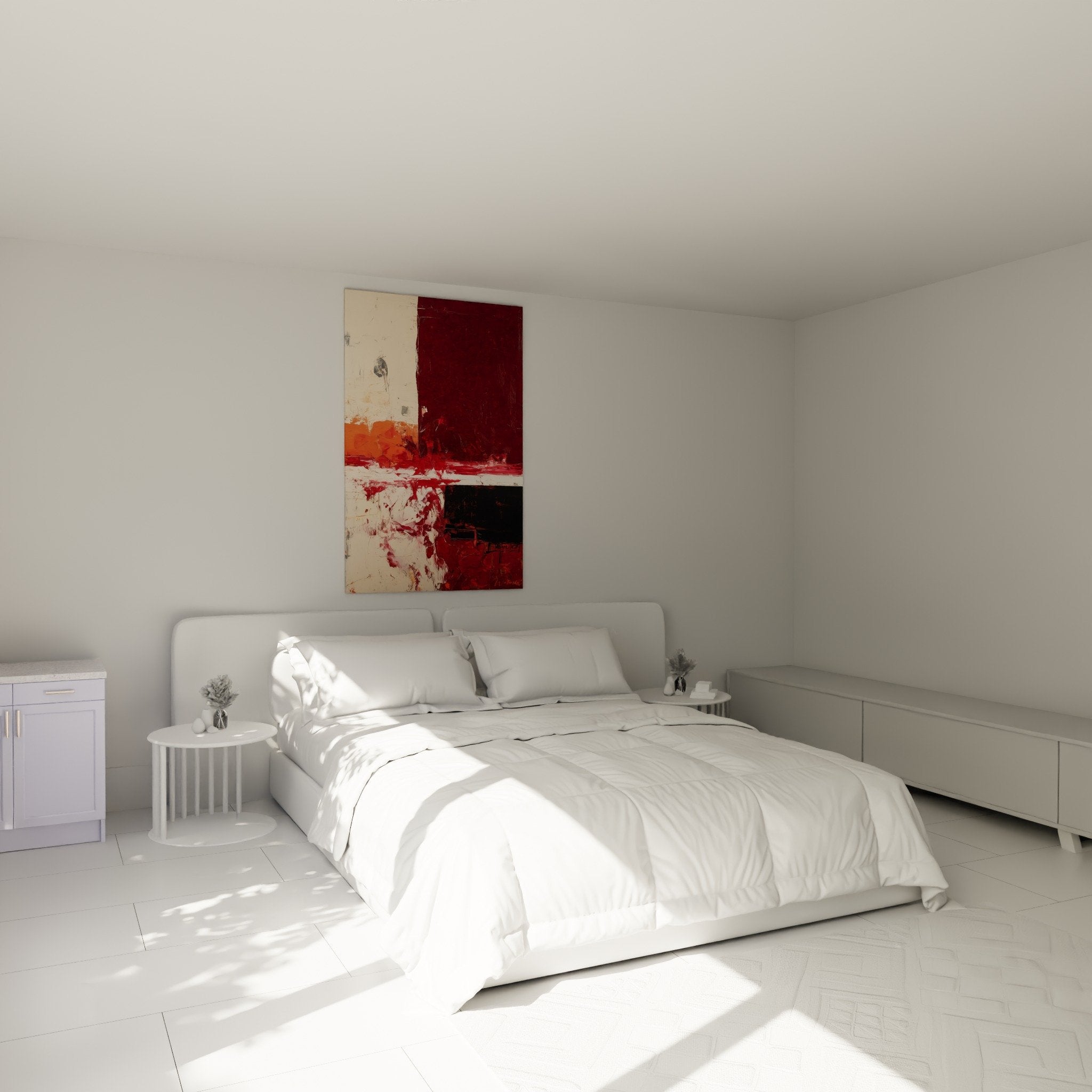 Abstraktes Gemälde in Bordeaux und Creme im zeitgenössischen Schlafzimmer, Feng-Shui-Dekoration