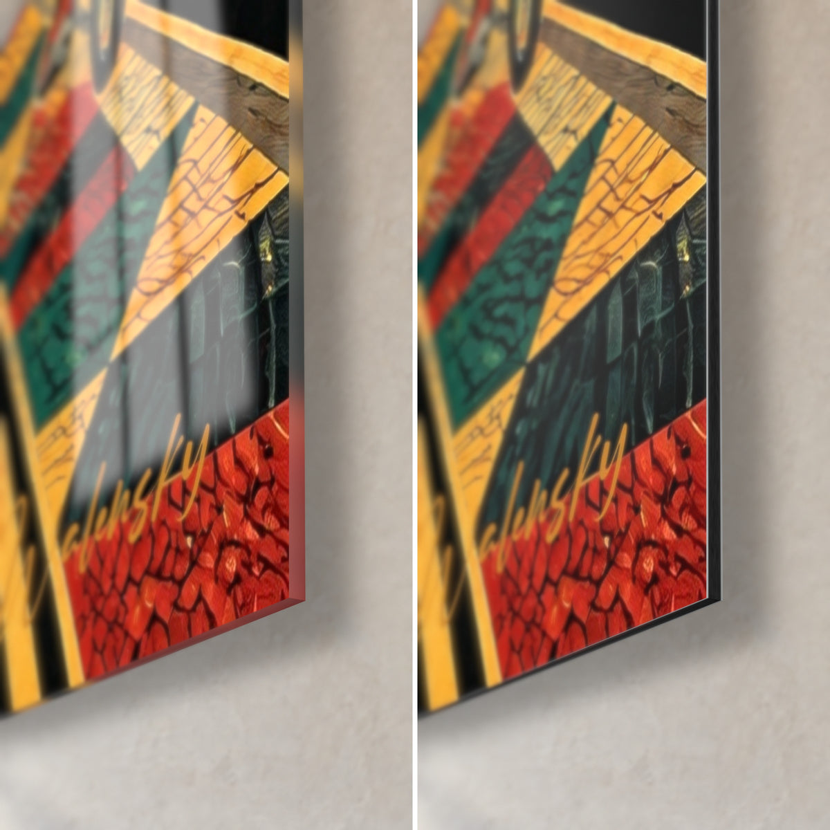 Détail des motifs géométriques dorés et rouges, grain de l'impression visible sur les pavés de la rue