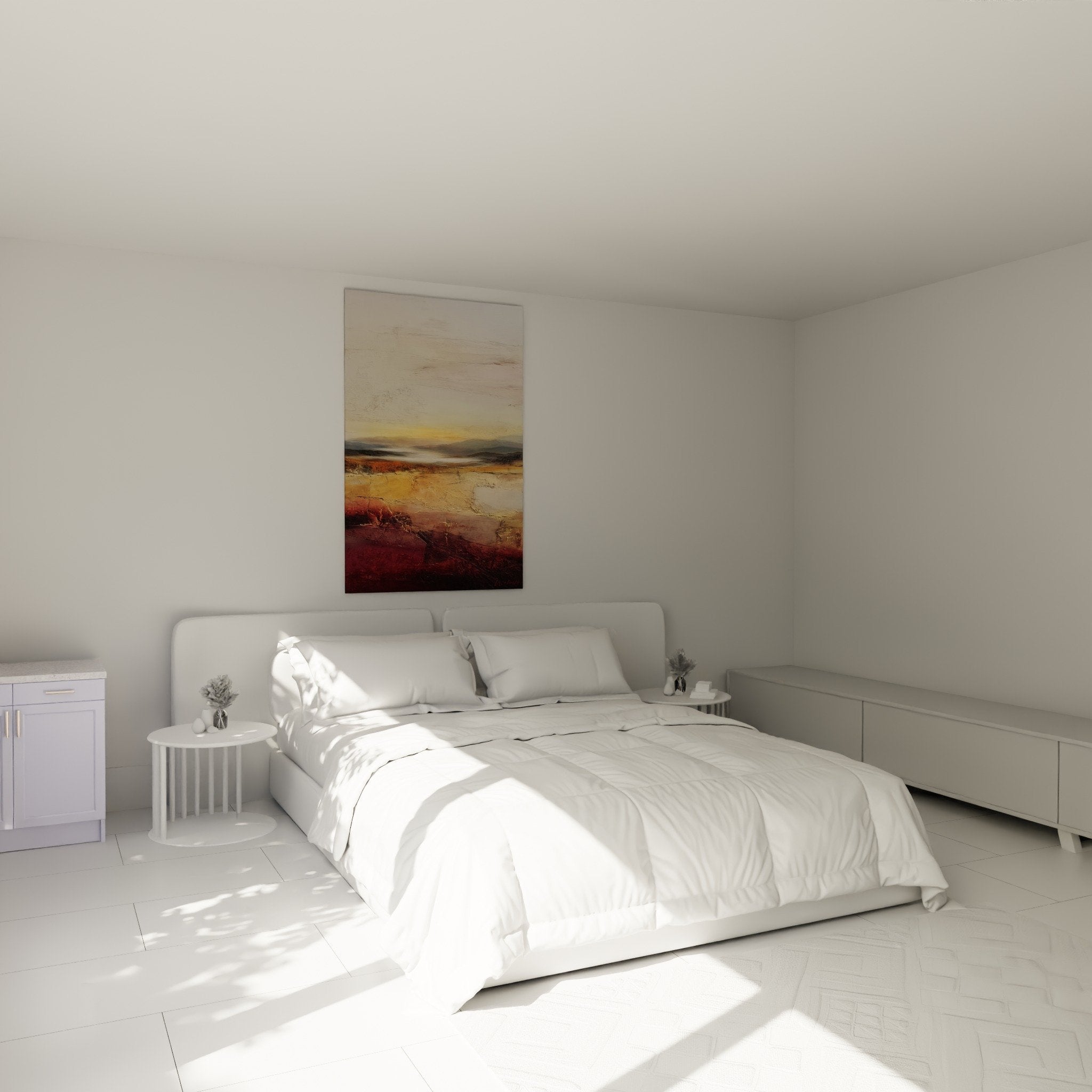 Abstraktes Landschaftsbild in Bordeaux und Ocker im Schlafzimmer, Wanddekoration Feng Shui Süden Feuer, warme Atmosphäre