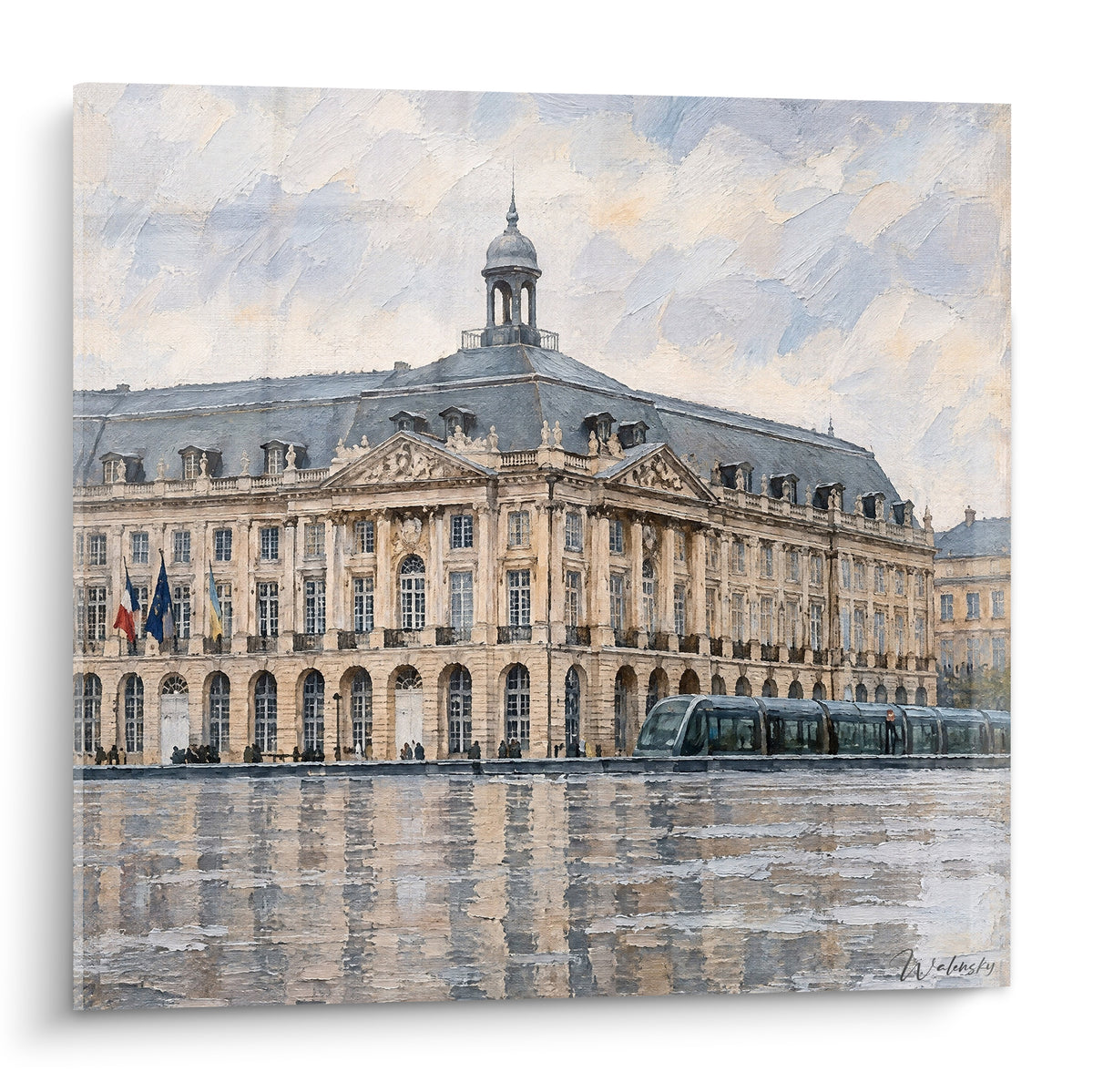 Πίνακας κλασική πρόσοψη Place de la Bourse από ξανθή πέτρα και ζωγραφισμένος παστέλ γαλάζιος ουρανός