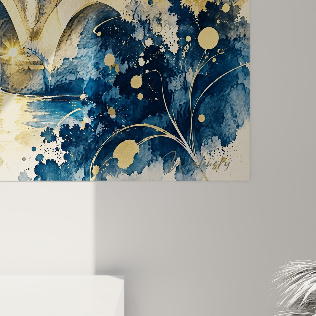 Détail des coulures bleu marine et éclats dorés à l'aquarelle sur le pont illuminé
