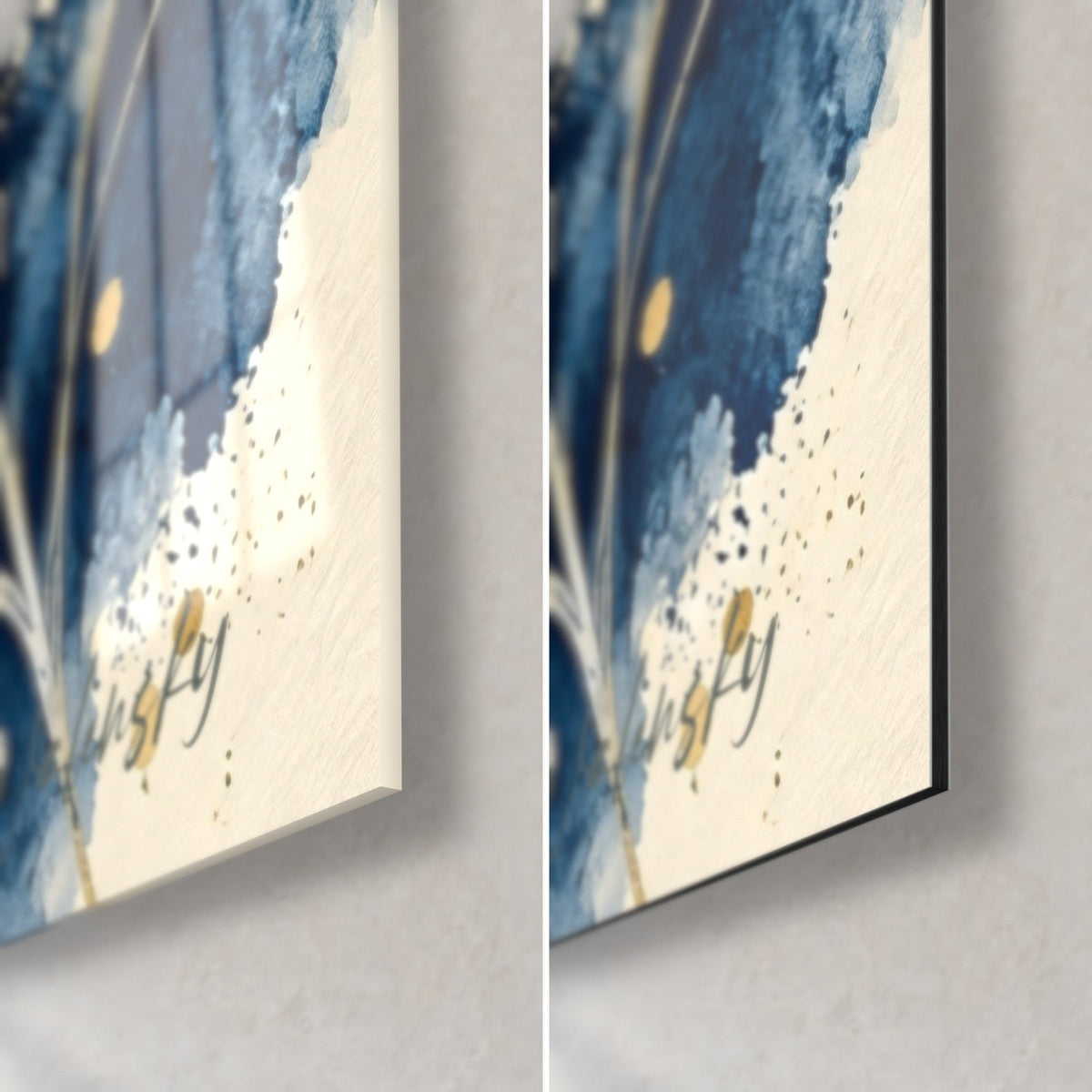 Quadro ponte illuminato in acquerello blu navy e oro, angolo in basso a destra: vetro acrilico lucido a sinistra, Dibond opaco a destra, spessore 3 mm