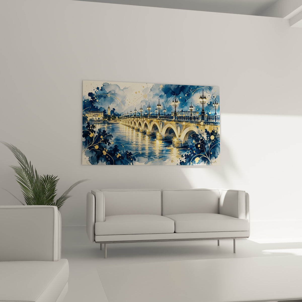 Arches de pierre et reflets dorés sur la Garonne, toile placée au-dessus d'un canapé dans un salon lumineux