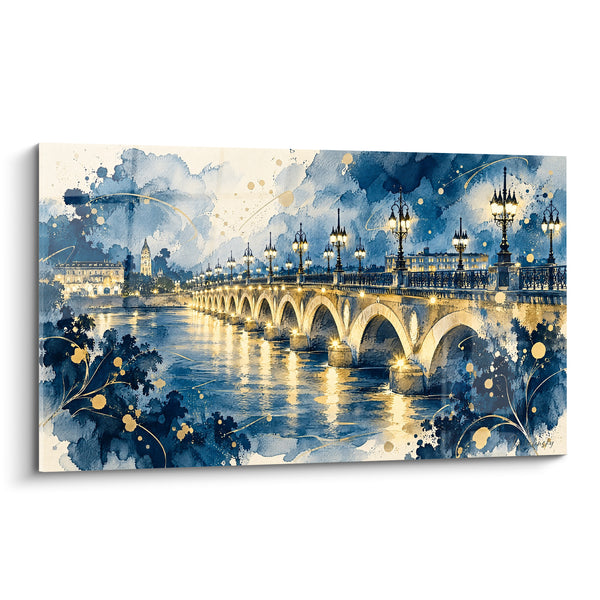 Tableau Pont de pierre bleu et doré illuminé - Veillée sur le fleuve - Edition Bordeaux  Nouvelle-Aquitaine  France