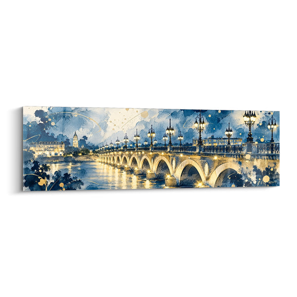 Tableau Pont de pierre bleu encre et doré éclaboussures d'aquarelle - Réverbères alignés en rangée - Edition Bordeaux  Nouvelle-Aquitaine  France
