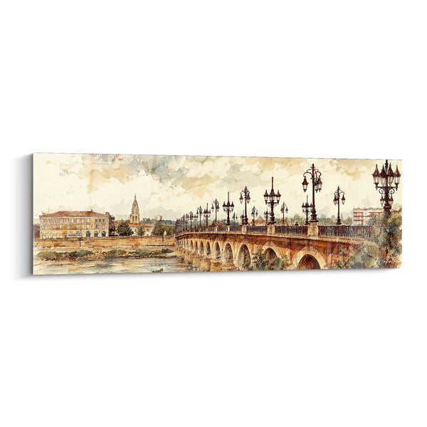 Tableau Pont de pierre ocre et réverbères noirs - Promenade au fil de l'eau - Edition Bordeaux  Nouvelle-Aquitaine  France