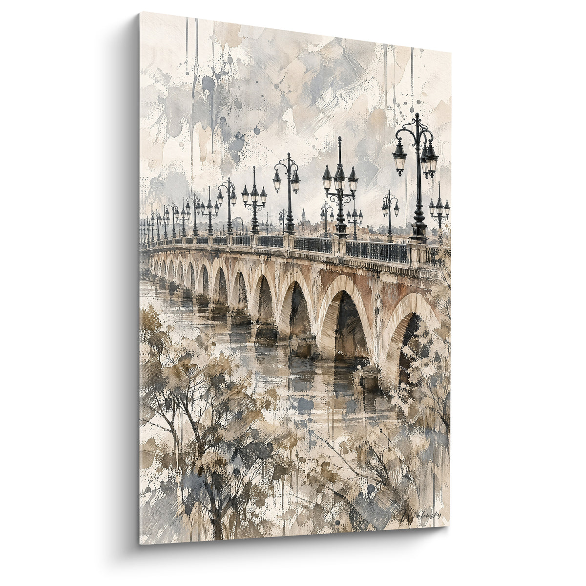 Pont de pierre ocre et gris aux multiples arches, lampadaires noirs, aquarelle sur toile