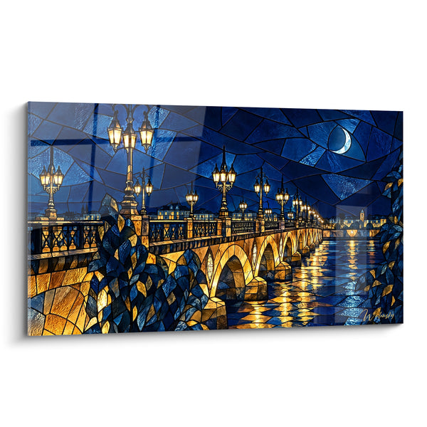 Tableau Pont de pierre bleu nuit et doré - Nuit sur le fleuve - Edition Bordeaux  Nouvelle-Aquitaine  France