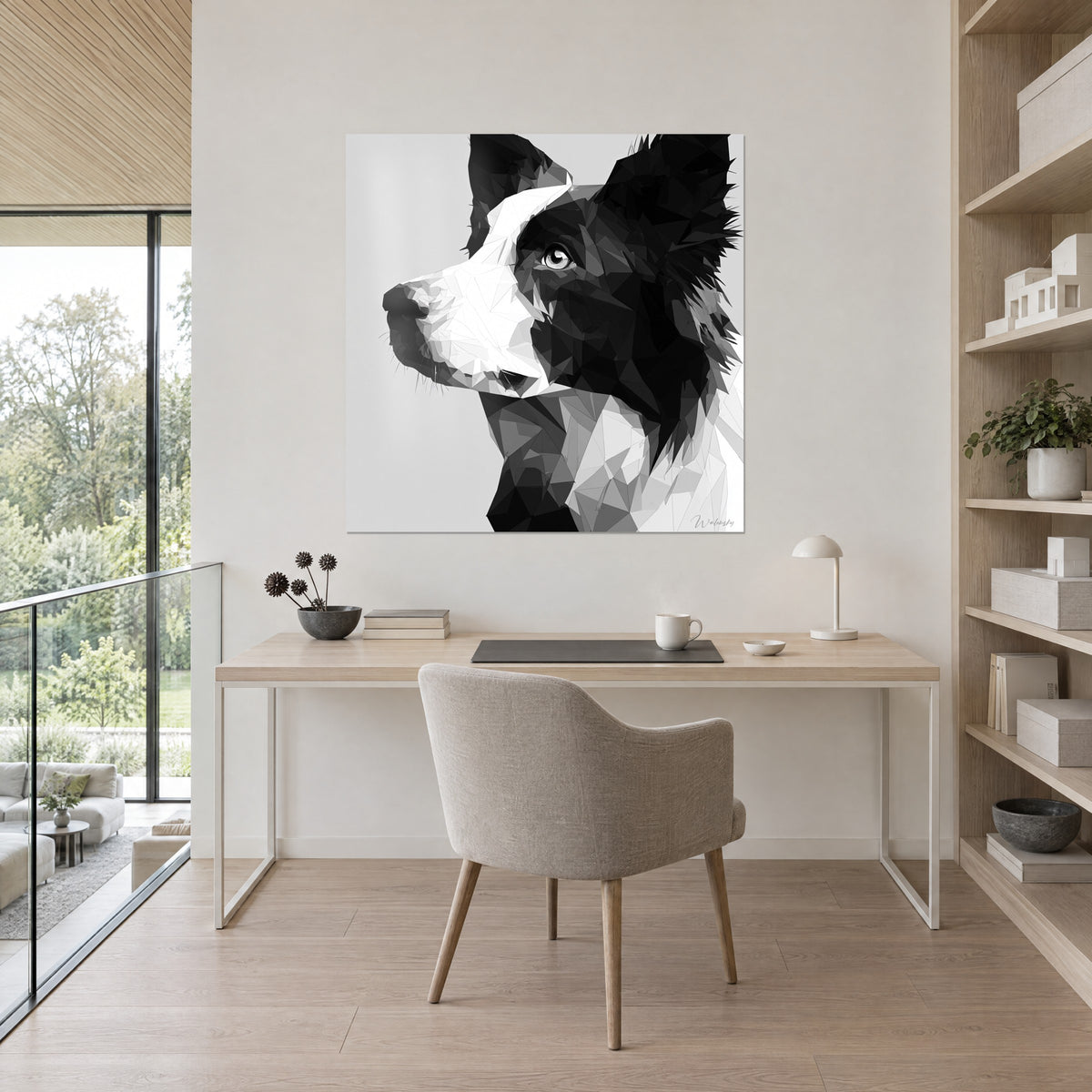 Πίνακας Border Collie low poly, αποχρώσεις του γκρι και βαθύ μαύρο σε μαργαριταρένιο φόντο, κρεμασμένος πάνω από ανοιχτό γραφείο και μπεζ καρέκλα