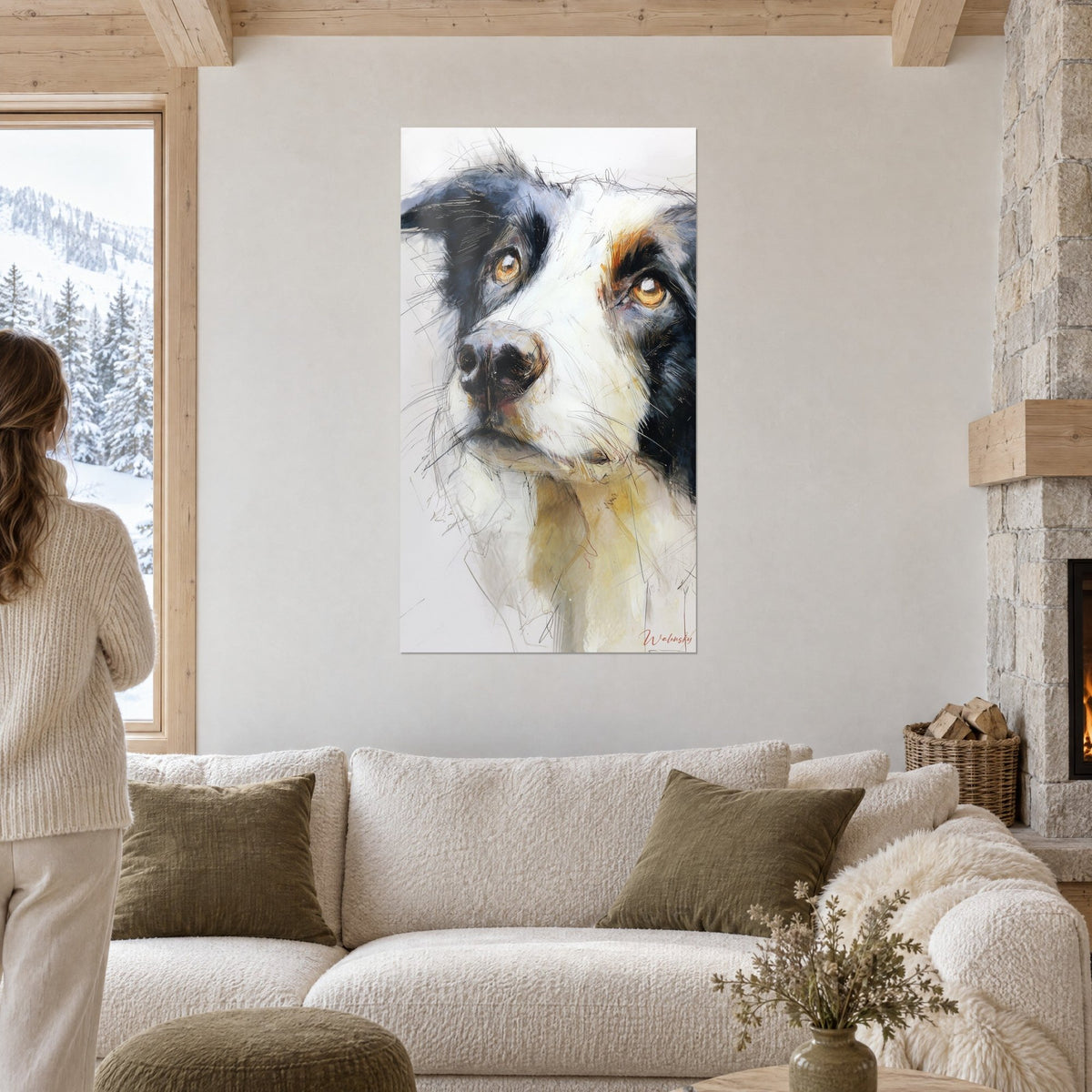 Πίνακας border collie με χρυσαφένιο βλέμμα, μαύρο και λευκό ζωγραφισμένο μουσούδι, πάνω από καναπέ σε φωτεινό σαλόνι