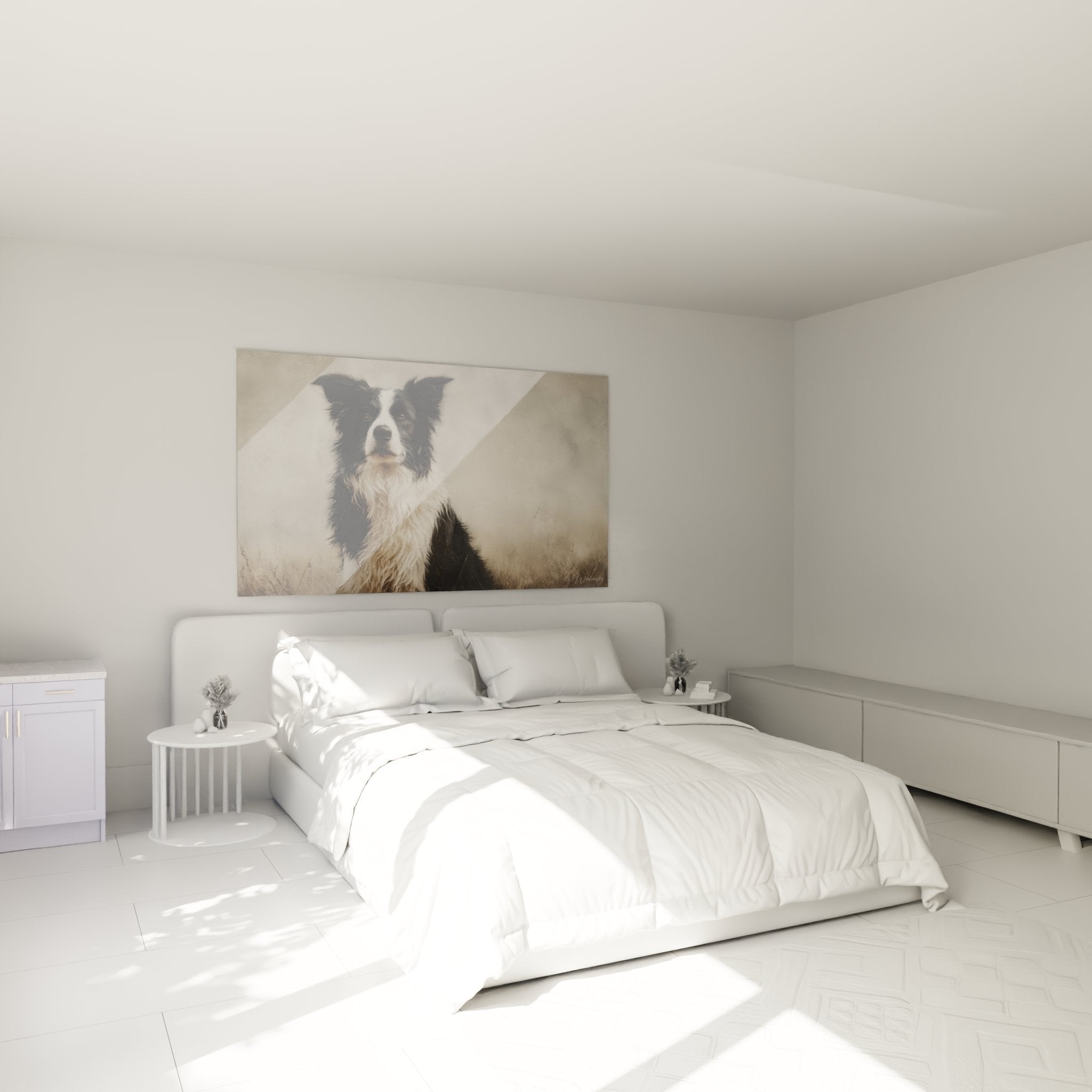 tableau border collie tricolore chambre decoration murale portrait chien ambiance douce