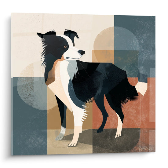 Quadro moderno Border Collie tricolore su sfondo geometrico con tonalità ocra e blu-grigio