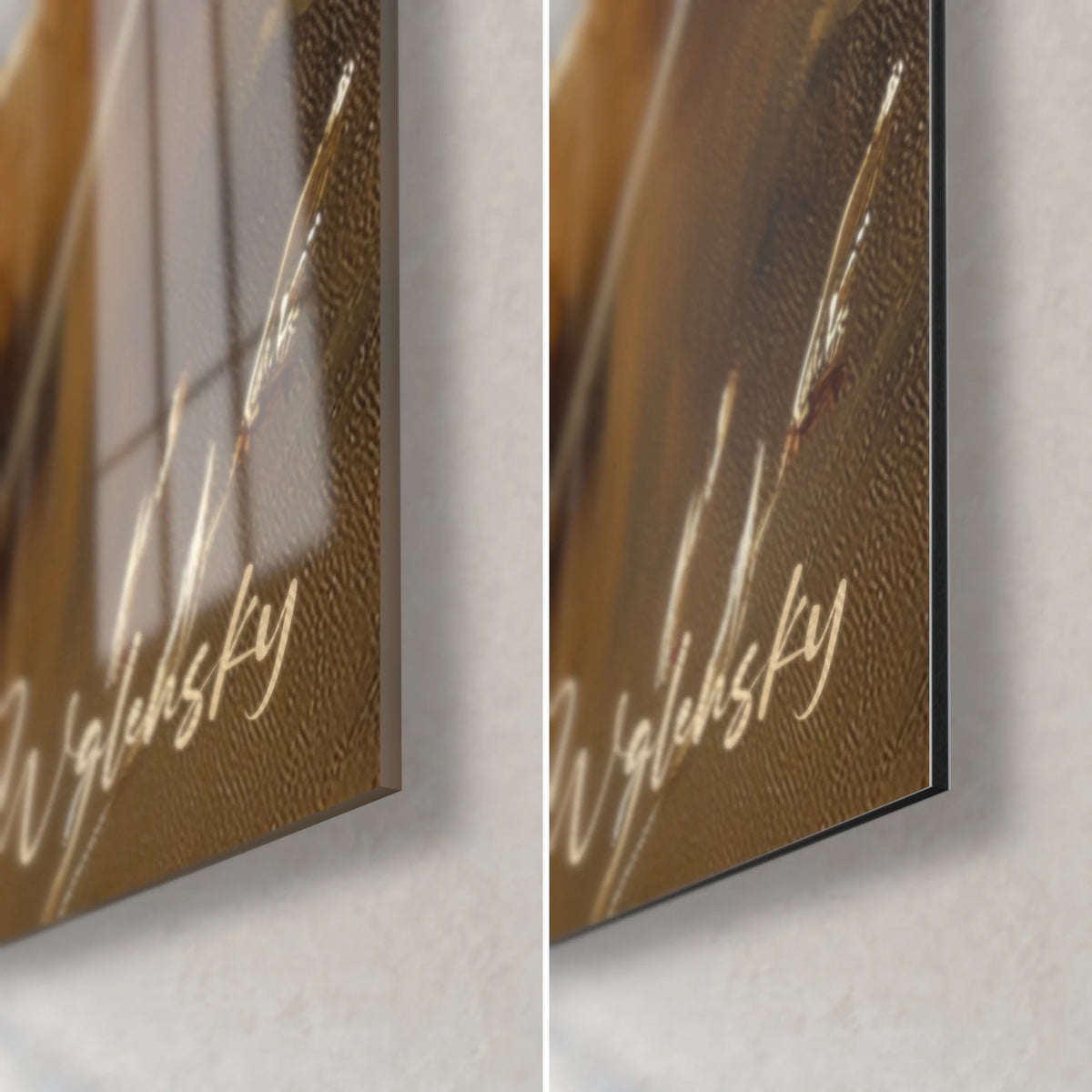 Wall art black and white dog portrait, bottom right corner: glossy glass with reflections, matte Dibond, 3 mm edge and gold signature