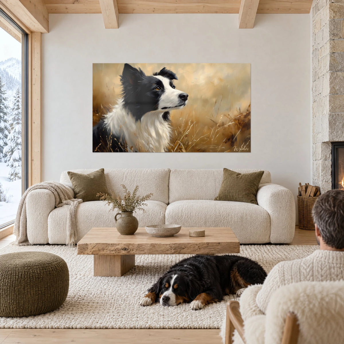 Wall art black and white border collie, amber gaze in profile through golden grasses, above a sofa in a bright living room