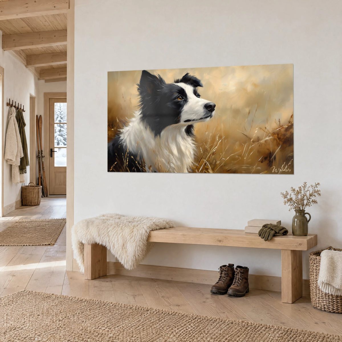 Wall art herding dog with ebony and ivory coat, muzzle raised against a tawny wheat field, hung above a light wood bench