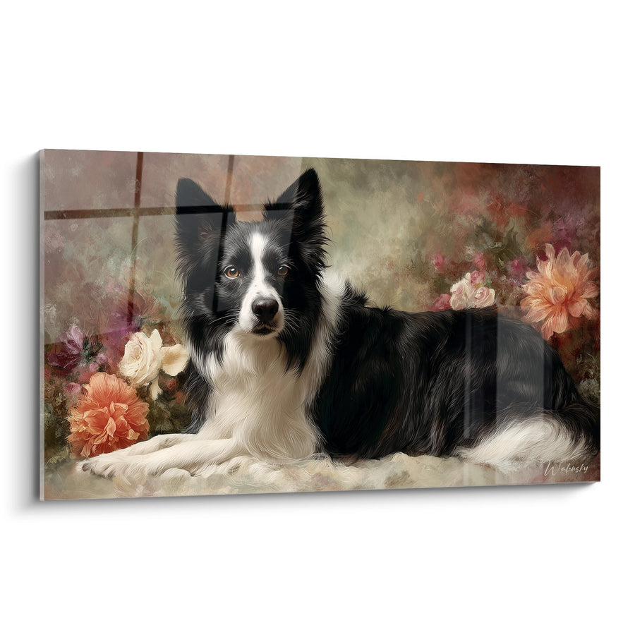 Tableau Border Collie Noir et Blanc sur Coussin Fleuri - Portrait Canin Romantique - Edition Tableau Border Collie