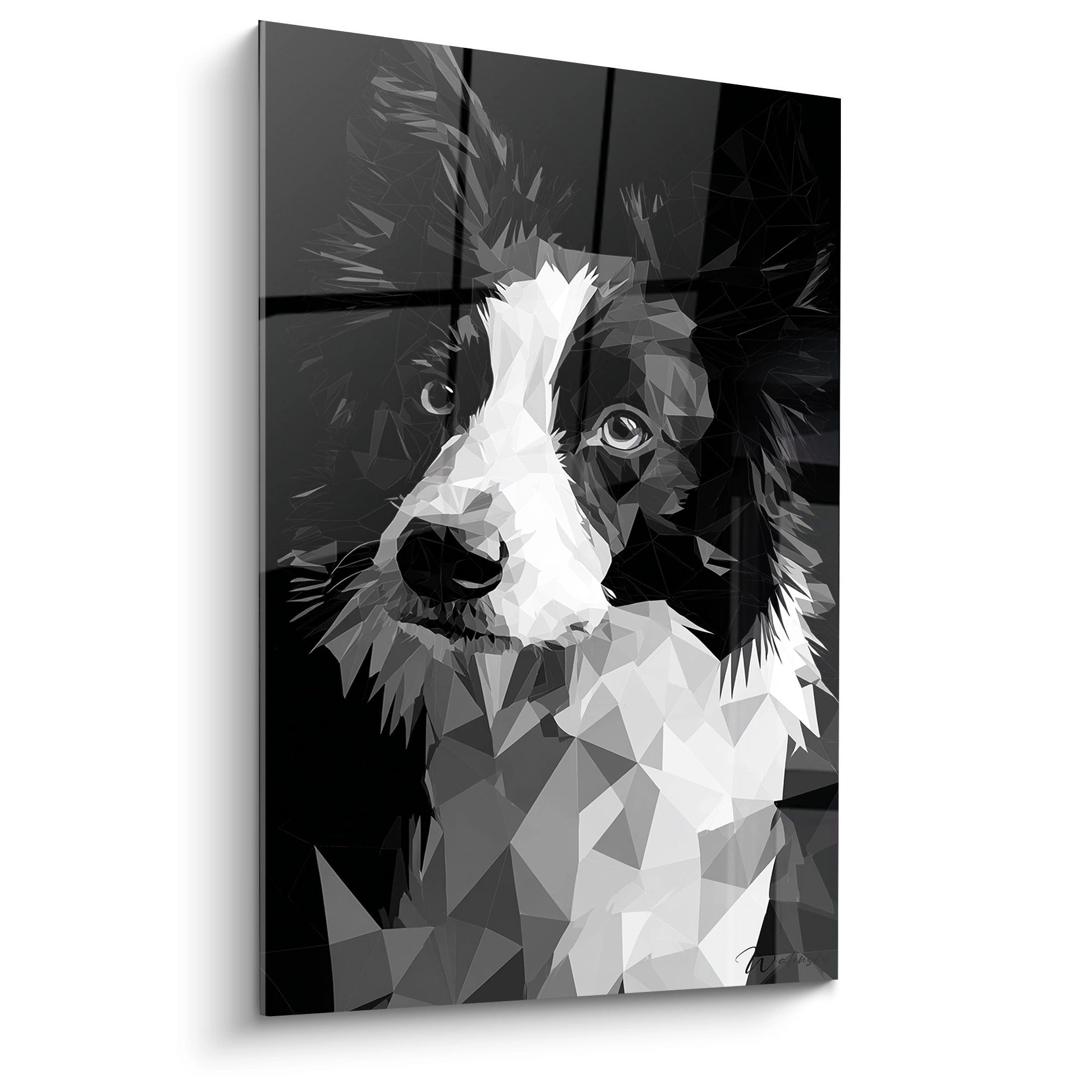 Tableau border collie noir et blanc style polygonal geometrique portrait chien art moderne mural