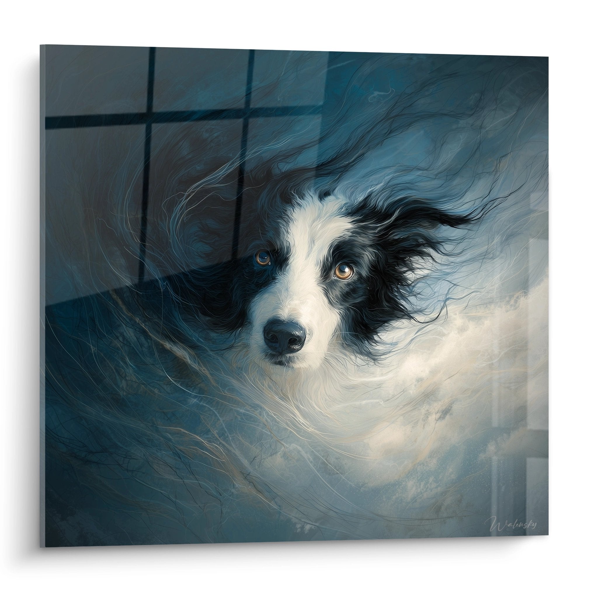 Portrait Border Collie noir et blanc aux yeux ambrés dans tourbillon artistique bleu-gris tableau mural moderne